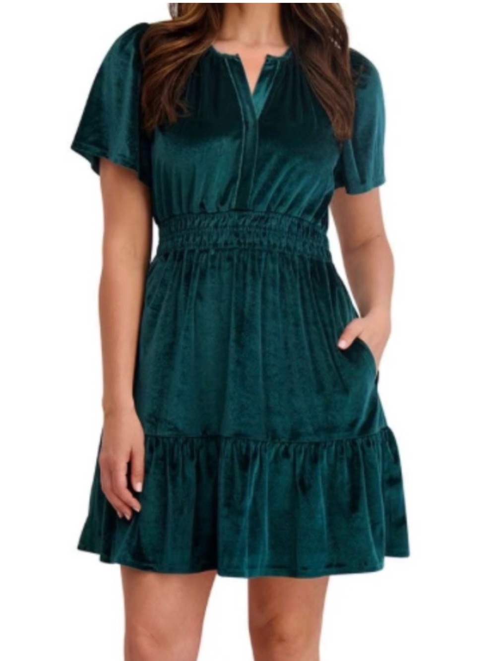 French Connection Teal Velvet Smocked Waist Mini Dress